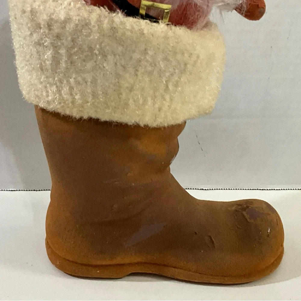 Vintage Christmas Flocked Santa in a Flocked Brown Boot MCM